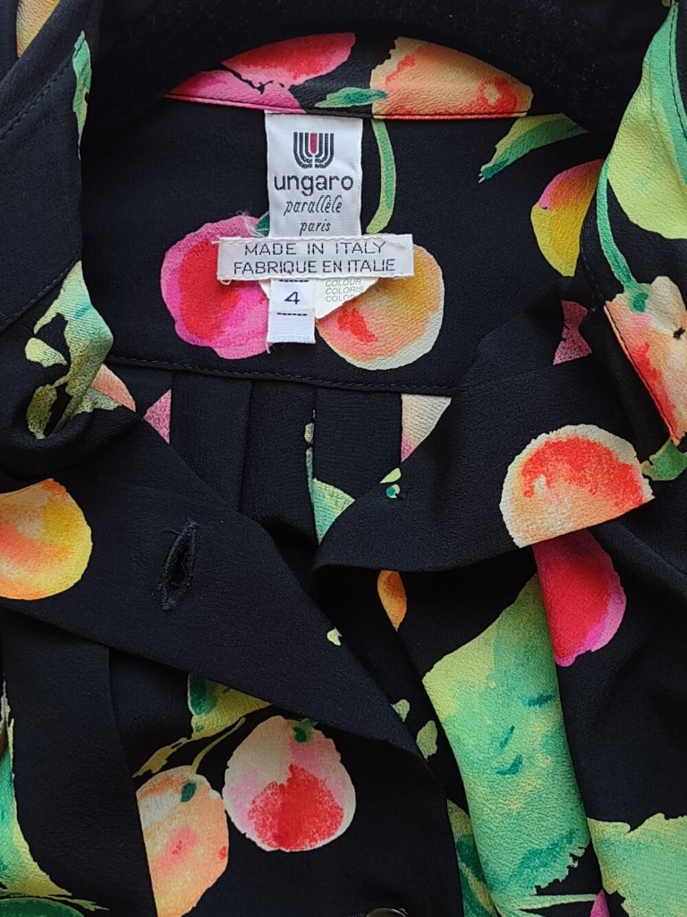 Vintage Ungaro Parallele Silk Blouse Italy Designer Sz Medium Vibrant Fruit Chic - Picture 8 of 10